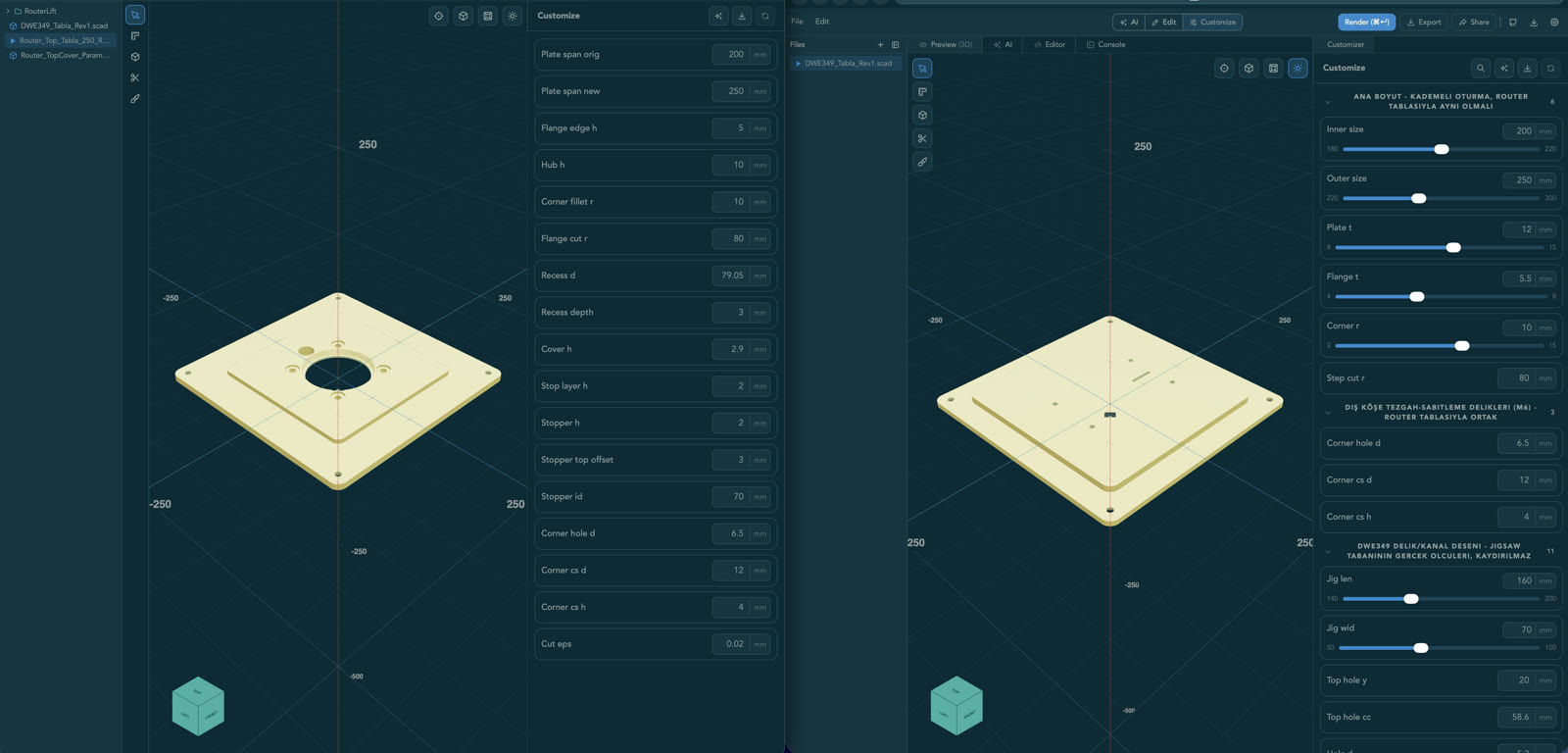 OpenSCAD Studio'da Router tabla (solda) ve Jigsaw tabla (sağda) customizer görünümü