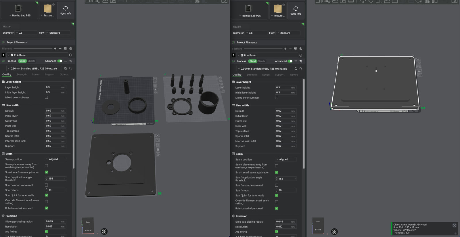 BambuStudio'da orijinal MakerWorld parçaları (solda) ve modifiye 250mm tabla (sağda)