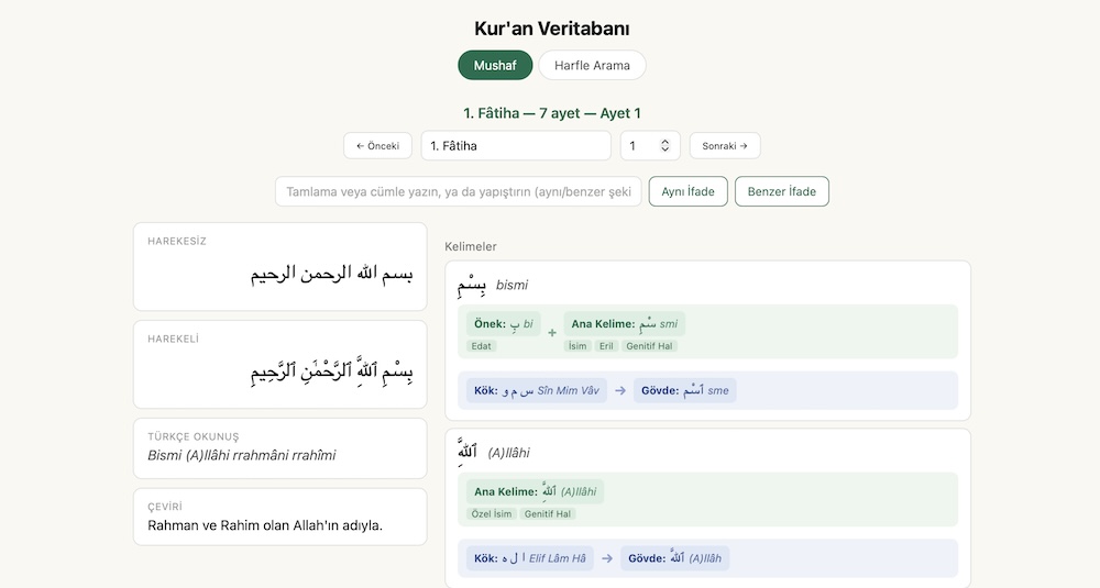 Kuran Veritabanı arayüzü